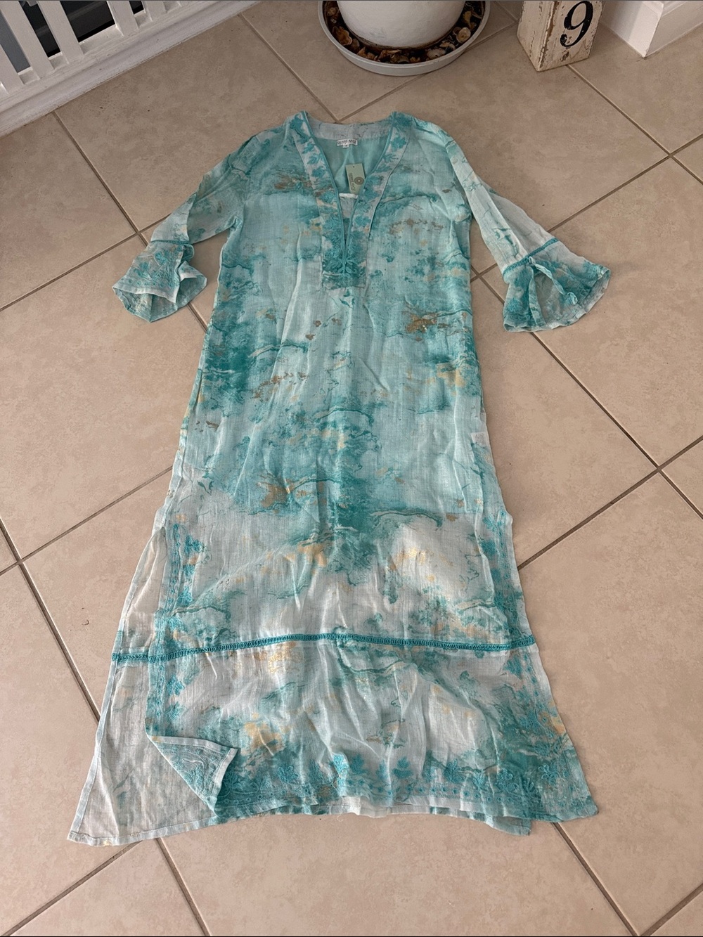 Debbie Katz South Beach Light Aqua Embroidered long cover up